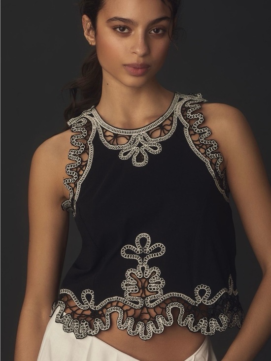 Anthropologie Tops - Anthropologie Black Top with White Crochet Trim